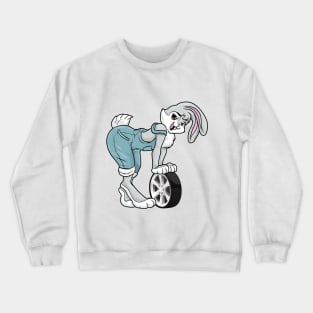 Rabbit as car mechanic with tires Crewneck Sweatshirt